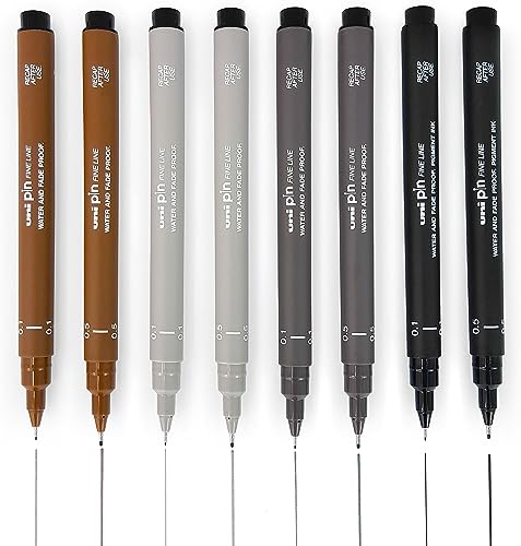 Uni Pin Fineliner, Zeichenstift, Skizzieren, 8–0,1 mm/0,5 mm, Schwarz, Dunkelgrau, Hellgrau und Sepia von Uni Pin