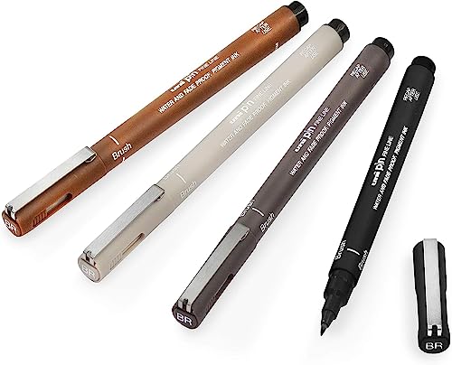 Uni Pin Fineliner Zeichenstift, Schwarz, Dunkelgrau, Hellgrau, Sepia – Pinselspitze – je 1 Stück – 4 Stück von Uni Pin