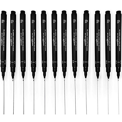 Uni Pin Fineliner Zeichenstift, komplettes Set mit 11 Stärken + extra 0,5 mm, schwarze Tinte, 12 Stück von Uni Pin