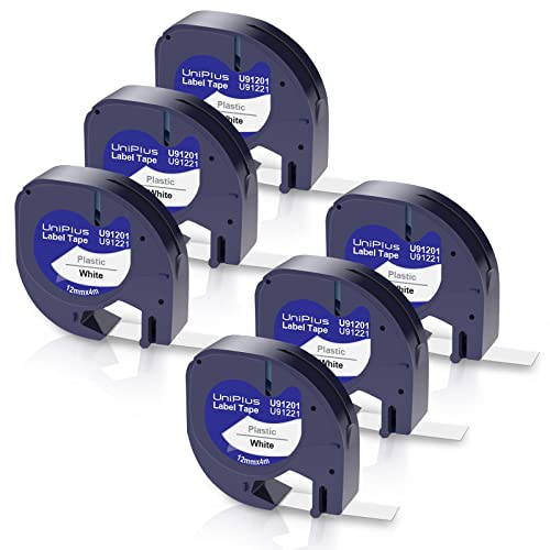 UniPlus 6x Kompatible Dymo Band als Ersatz für Dymo Letratag 12mm x 4m Plastik Etikettenband 91221 S0721660 91201 für Dymo Letratag LT-100H LT-110T LT-100T XR QX50 Etikettendrucker, Schwarz auf Weiß von UniPlus