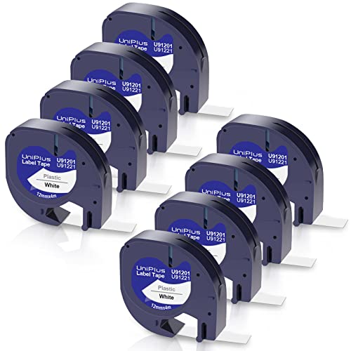 UniPlus Kompatibel Dymo Etikettenband Ersatz für Dymo Letratag 91221 91201 S0721660 12mm x 4m Kunststoff Schriftband für Dymo Letratag LT-100H LT110T LT-100T XR 200B QX-50, Schwarz auf Weiß, 8-Pack von UniPlus