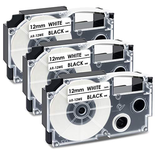 UniPlus kompatibler 12-mm Etikettenband Ersatz für Casio XR-12WE XR12WE für EZ Etikettendrucker KL-G2 KL-60 KL-70e KL-100 KL-120 KL-130 KL-200 KL-200E KL-300 KL-750 KL-820, Schwarz auf Weiß, 3er Pack von UniPlus