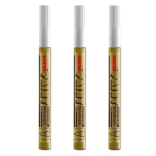 PX-203 Ölfarbmarker, extrafein (0,8 mm), goldfarben, für Metall, Glas, Holz, Kunststoff, Stein, für den Außenbereich, 3 Stück von Uni-Ball
