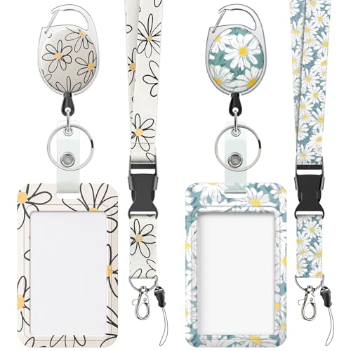Uniclife 2 Pack Geblümt Schieben Ausweishalter Weiße blaue Blume Kunststoffkoffer mit einziehbarem Badge Reel Karabiner Clip und abnehmbarem Lanyard Strap Hard Vertical Card Protector von Uniclife