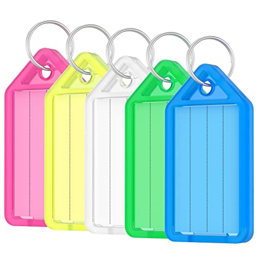 Uniclife 40 Stück 5 cm robuste Kunststoff-Schlüsselanhänger in 5 sortierten Farben Artikelidentifikatoren mit leeren Papieretiketten Transparente Abdeckungen und Spaltringe von Uniclife