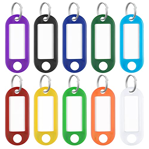 Uniclife 5 cm robuste Kunststoff-Schlüsselanhänger in 10 verschiedenen Farben Artikelkennzeichnungsmarker mit leeren Papieretiketten Schutzfolien aus Kunststoff und Spaltringe, 100 Stück von Uniclife
