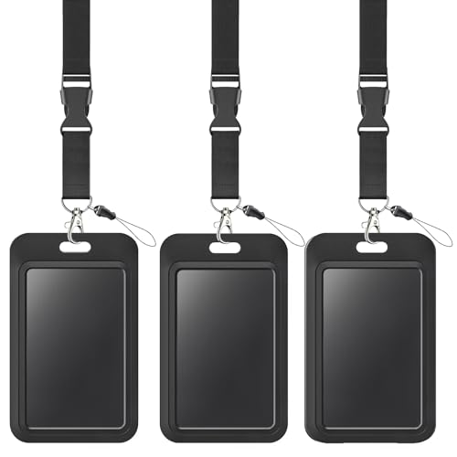 Uniclife Sliding Badge Halter Hard Black Vertikale Plastikkarte Case Protector mit Lanyard Strap Metallschnalle und Clip für Office School ID Credit Proximity Key Card Führerschein, 3 Pack von Uniclife