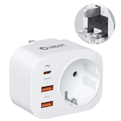 Unidapt Reiseadapter UK Adapter Deutschland England Stecker mit 3 USB 1 Typ C PD 20W, 2 Fach Steckdosenadapter Typ G, Reisestecker Stromadapter für Irland Großbritannien Wand Ladegerät Ladestation von Unidapt