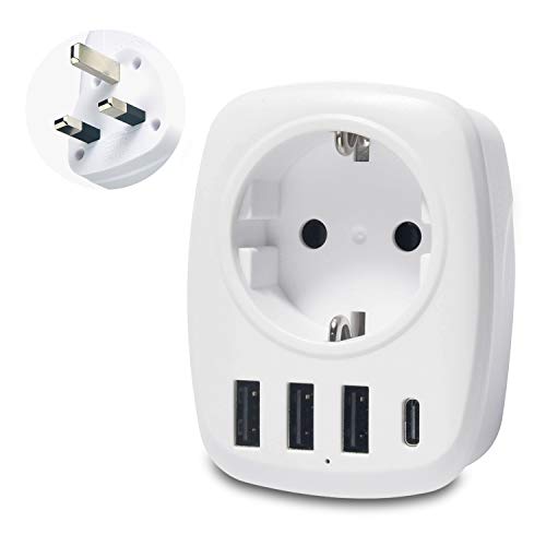 Unidapt Reiseadapter UK Adapter England Deutschland Stecker mit 3USB, 1 Typ C,AC Steckdosenadapter Reisestecker Stromadapter Schuko auf Typ G Großbritannien Irland Wand Ladegerät Ladestation Steckdose von Unidapt