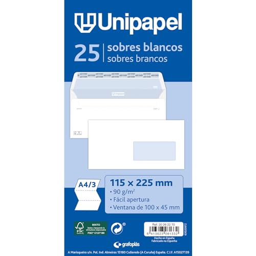 Unipapel Packung mit 25 Umschlägen mit rechtem Fenster (100 x 45 mm), 90 g, Maße: 115 x 225 mm, gerader Verschluss mit selbstklebendem Autodesk-Silikonstreifen, einfaches Öffnen, FSC, perfekt für von Unipapel