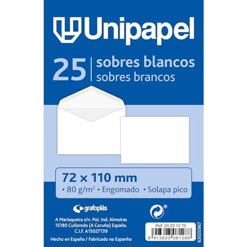 Unipapel Packung mit 25 kleinen weißen Umschlägen mit Spitzklappe, weißes Papier 80 g, gummierter Verschluss, Maße: 72 x 110 mm, perfekt für Geschenke oder Dankeskarten von Unipapel
