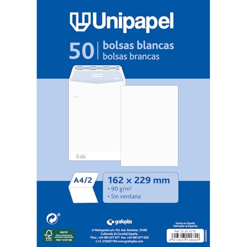 Unipapel Packung mit 50 weißen Papierbeuteln, 90 g, 162 x 229 mm, gerader Verschluss, selbsthaftender Silikonstreifen, Öffnung oben, FSC-Dokumente, A4, gefaltet in 2 oder A5, ungefaltet von Unipapel