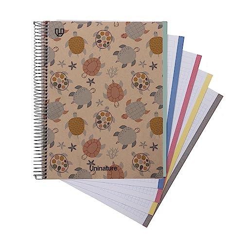 Unipapel Recyceltes Schulheft A4 | 100 Blatt 5 x 5 90 g | kariert | 5 seitliche Bänder | Uninature Design Turtles | FSC Recycled 100% von Unipapel