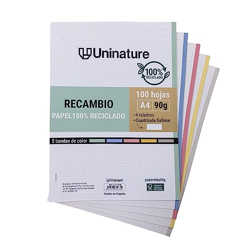Unipapel | Recyclingpapier A4 | 100 Blatt kariert 5 x 5 | 5 farbige Bänder | 4 Bohrungen | Super starkes Papier | PaperClass 90 g von Unipapel
