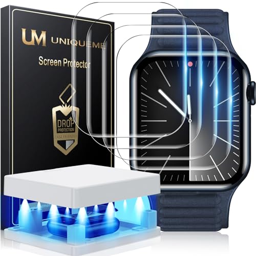 UniqueMe 4 Stück lichthärtende Folie für Apple Watch 44/45 Full Screen Displayschutz, 7H Härte Kratzfest Apple Watch Schutzfolie Langlebigste & 3D Vollabdeckung - Blasenfrei Klarheit von UniqueMe