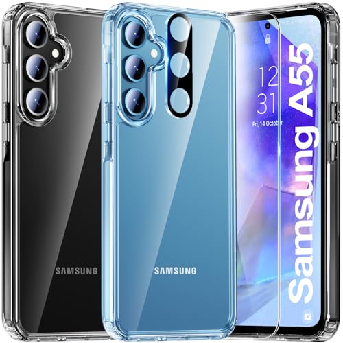 UniqueMe 5-in-1-Set für Samsung Galaxy A55 5G Hülle, [Nie Vergilbung] Handyhülle für Samsung A55 Case Rundumschutz Schutzhülle Cover [1 Handyhülle+2 Schutzfolie+2 Kameraschutz]-Transparent von UniqueMe