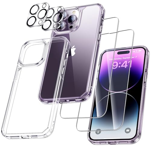 UniqueMe 5-in-1-Set für iPhone 14 Pro Max Hülle, [Nie Vergilbung] Handyhülle für iPhone 14 Pro Max Case Rundumschutz Schutzhülle Cover [1 Handyhülle+2 Schutzfolie+2 Kameraschutz] - Transparent von UniqueMe