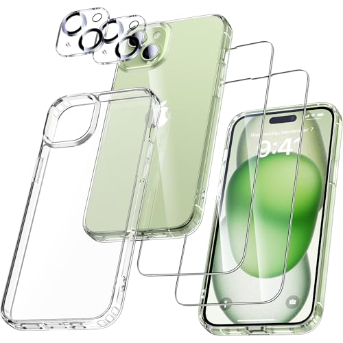 UniqueMe 5-in-1-Set für iPhone 15 Hülle, [Nie Vergilbung] Handyhülle für iPhone 15 Case Rundumschutz Schutzhülle Cover [1 Handyhülle+2 Schutzfolie+2 Kameraschutz] Transparent von UniqueMe