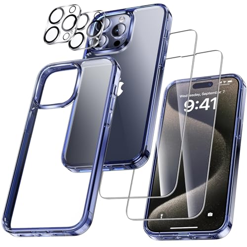 UniqueMe 5-in-1-Set für iPhone 15 Pro Hülle, [Nie Vergilbung] Handyhülle für iPhone 15 Pro Case Rundumschutz Schutzhülle Cover [1 Handyhülle+2 Schutzfolie+2 Kameraschutz]-Kristall Blau von UniqueMe