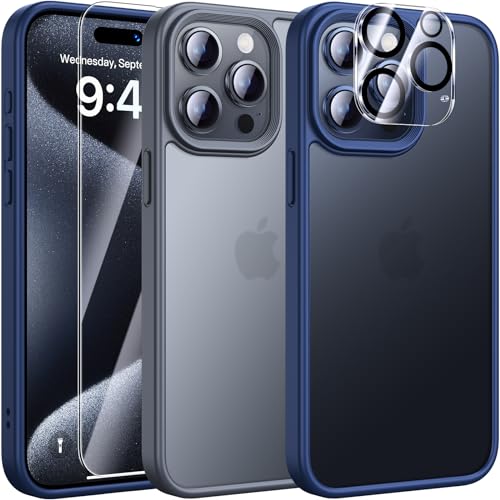 UniqueMe 5-in-1-Set für iPhone 15 Pro Max Hülle, [Nie Vergilbung] Handyhülle für iPhone 15 Pro Max Case Rundumschutz Schutzhülle Cover [1 Handyhülle+2 Schutzfolie+2 Kameraschutz] Dunkelblau von UniqueMe