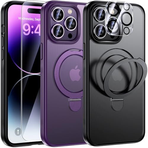 UniqueMe für iPhone 14 Pro Max Hülle für MagSafe, 5-in-1-Set [Unsichtbarem Ständer] Handyhülle für iPhone 14 Pro Max Case Matt Schutzhülle Rundumschutz Magnetische Ring-Cool Schwarz von UniqueMe
