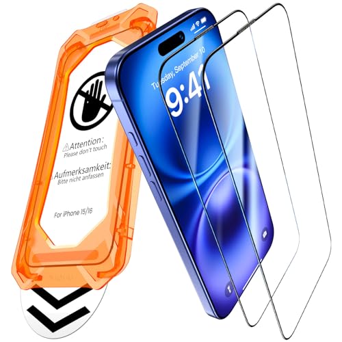 UniqueMe für iPhone 16/15 für Panzerglas - [Full Screen Displayschutz] Schutzfolie für iPhone 16/15 Schutzglas,Auto Installation,2 Stück von UniqueMe