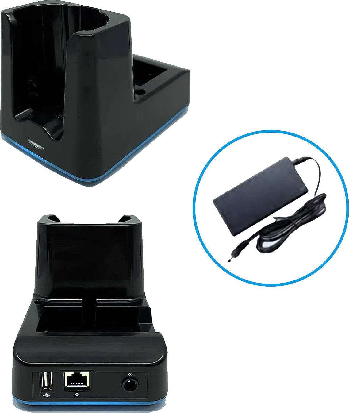 UNITECH HT730 Single Slot Charging Ethernet cradle with USB host including power adapter (1010-900043G) for charging the device and one spare battery. Not included but optional accessory: 3 Pins Power Cord EU (SKU: 1550-602333G) or UK (SKU: 1550-602689G) (5000-900087G) von Unitech