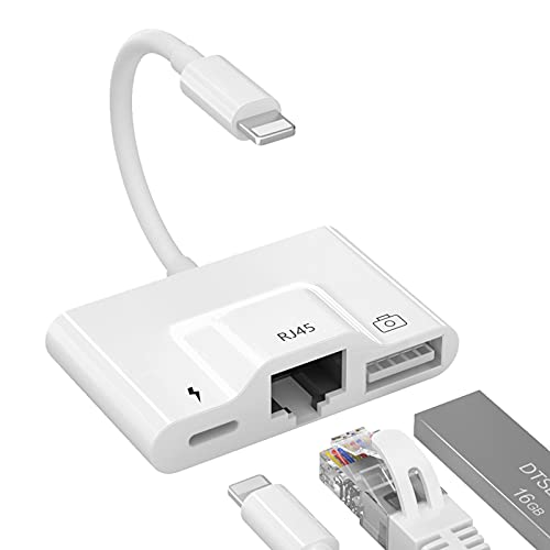 Lighting zu Ethernet Adapter, 3 in1 RJ45 Ethernet LAN Kabelgebundener Netzwerk Adapter mit Ladeanschluss und USB 3.0 Port Adapter, 10/100 Mbit/s Schnelle Geschwindigkeit Kompatibel mit iPhone/i-Pad von Uniytriox