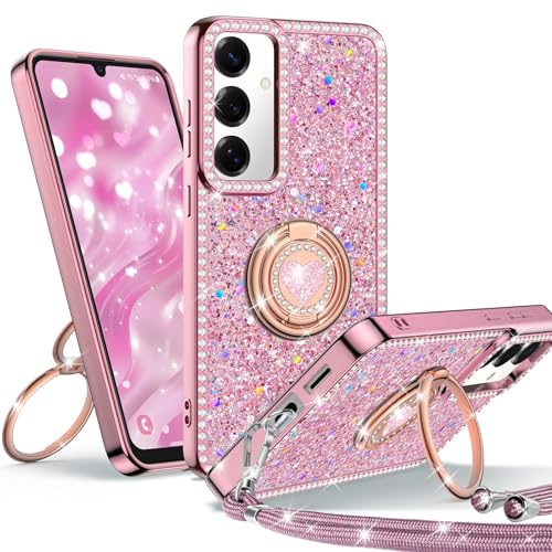 Unlicaku Schutzhülle für Samsung Galaxy A15 5G mit Ständer, Handyhülle mit Doppelring-Kickständer, Frauen Mädchen Bling Glitzer Niedlich Luxus Schutzhülle für Galaxy A15 5G, Rosa von Unlicaku