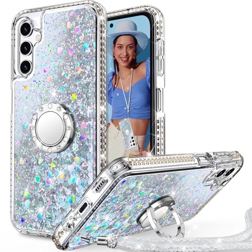 Unlicaku für Samsung Galaxy A54 5G Hülle mit Band, Ring Ständer HandyHülle Handykette Frauen Mädchen Glitzer Silikon Flüssigkeit Schutzhülle für Samsung A54 5G Case, Silber Unlicaku für Samsung Galaxy A54 5G Hülle mit Band, Ring Ständer HandyHülle Handykette Frauen Mädchen Glitzer Silikon Flüssigkeit Schutzhülle für Samsung A54 5G Case, Silber von Unlicaku