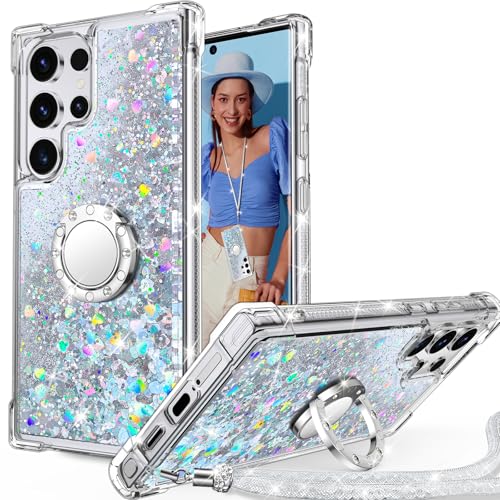 Unlicaku für Samsung Galaxy S23 Ultra Hülle mit Band, Ring Ständer HandyHülle Handykette Frauen Mädchen Glitzer Silikon Flüssigkeit Schutzhülle für Samsung S23 Ultra, Silber Unlicaku für Samsung Galaxy S23 Ultra Hülle mit Band, Ring Ständer HandyHülle Handykette Frauen Mädchen Glitzer Silikon Flüssigkeit Schutzhülle für Samsung S23 Ultra, Silber von Unlicaku