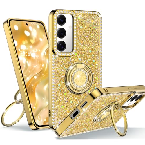 Unlicaku für Samsung Galaxy S25 Hülle, Handyhülle mit Ring Ständer Luxus Glitzer Frauen Mädchen Elektroplattiert Soft TPU Schutzhülle für Samsung S25 Case, Gold von Unlicaku