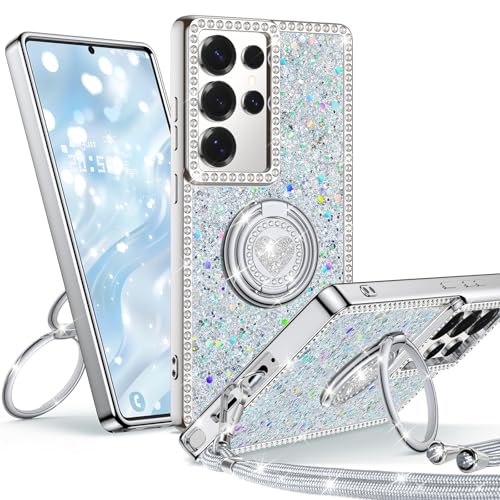 Unlicaku für Samsung Galaxy S25 Ultra Hülle mit Band, Handyhülle mit Herzen Doppelring Ständer Luxus Glitzer Frauen Mädchen Elektroplattiert Schutzhülle für Samsung S25 Ultra Case, Silber Unlicaku für Samsung Galaxy S25 Ultra Hülle mit Band, Handyhülle mit Herzen Doppelring Ständer Luxus Glitzer Frauen Mädchen Elektroplattiert Schutzhülle für Samsung S25 Ultra Case, Silber von Unlicaku
