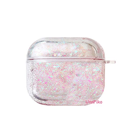 UnnFiko Bling Treibsand Hülle Kompatibel mit AirPods Pro, Cute Sparkle Liquid Schutzhülle, Lustige Kreative Harte Klar Airpods 3. Cover mit Schlüsselanhänger (Silber Pink, AirPods Pro) von UnnFiko