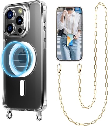 UnnFiko Crossbody-Handykette für iPhone 16e, kompatibel mit Magsafe Clear, Metall-Handyschlaufe, stoßfester Schutz, magnetische Handyhülle für iPhone 16 (Goldfarbenes Schlüsselband) von UnnFiko