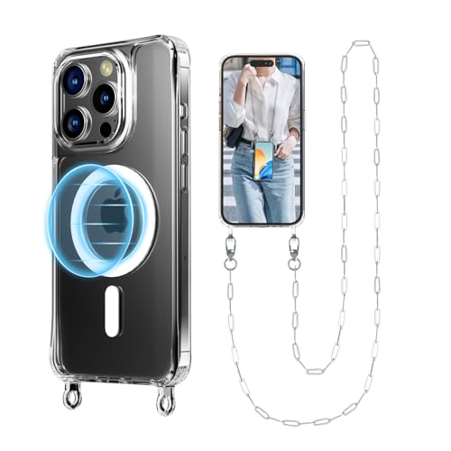 UnnFiko Crossbody-Telefonband für iPhone 16e, kompatibel mit Magsafe Clear, Metall-Handyschlaufe, stoßfester Schutz, magnetische Handyhülle für iPhone 16 (Silbernes Schlüsselband) von UnnFiko