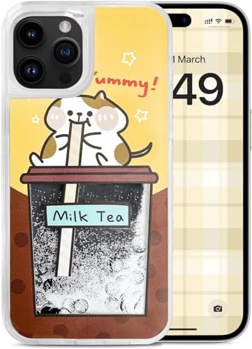 UnnFiko Flüssige Glitzer-Hülle, kompatibel mit iPhone, harte Rückseite, bunter glitzernder Treibsand mit iOS-Symbol, Apple App Shine Handyhülle (BobaTea Cat, iPhone 13) von UnnFiko