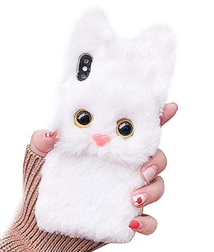 UnnFiko Winter Weich Warm Plüsch Hülle Kompatibel mit iPhone 6 / iPhone 6s, Süße Katze Fuzzy Tier Flauschige Pelz Handmade Case Cover für Mädchen Frauen (Plüsch Kätzchen Weiß, iPhone 6/6S) von UnnFiko
