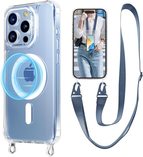 UnnFiko für iPhone 16e Hülle kompatibel mit Magsafe Clear, Crossbody Handyhülle mit Schultergurt, Stoßfester Schutz, magnetische Handyhülle für iPhone 16e (Navy Blue Lanyard) von UnnFiko