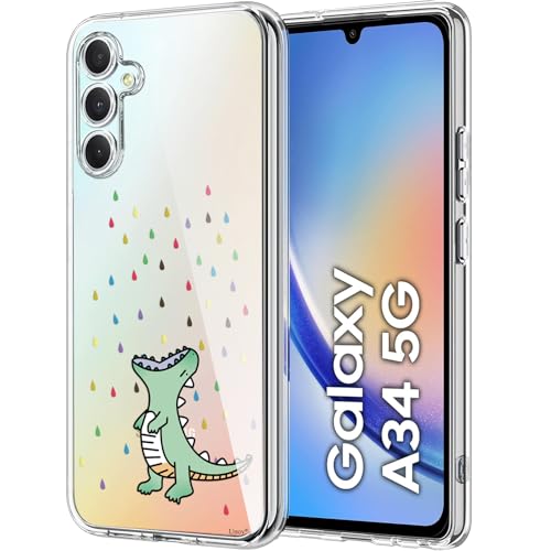 Unov Hülle Kompatibel mit Galaxy A34 Hülle klar Transparent Schlanke Schutzhülle Weich TPU Stoßstange Geprägtes das Muster Stoßdämpfung 6.6 Zoll (Regenbogen Dinosaurier) von Unov