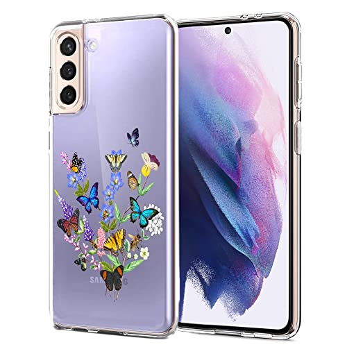 Unov Hülle Kompatibel mit Galaxy S21 Hülle klar Transparent Schlanke Schutzhülle Weich TPU Stoßstange Geprägtes das Muster Stoßdämpfung 6.2 Zoll (Blumen Schmetterling) von Unov