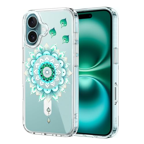 Unov Hülle Kompatibel mit iPhone 16 Hülle klar Transparent Kompatibel mit Magsafe Geprägtes das Muster Stoßdämpfung Stoßfängerschutz Stoßfest rutschfest Schlanke Schutzhülle (Minz Mandala) von Unov
