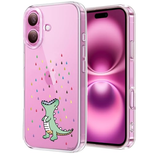 Unov Hülle Kompatibel mit iPhone 16 Hülle klar Transparent Schlanke Schutzhülle Weich TPU Stoßstange Geprägtes das Muster Stoßdämpfung 6.1 Zoll (Regenbogen Dinosaurier) von Unov