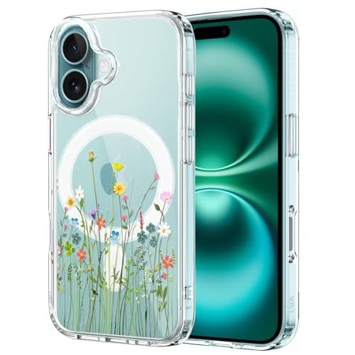 Unov Hülle Kompatibel mit iPhone 16 Plus Hülle klar Transparent Kompatibel mit Magsafe Geprägtes das Muster Stoßdämpfung Stoßfängerschutz Stoßfest Rutschfest Schlanke Schutzhülle (Blumen Blumenstrauß) von Unov