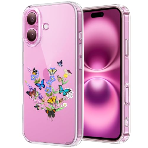 Unov Hülle Kompatibel mit iPhone 16 Plus Hülle klar Transparent Schlanke Schutzhülle Weich TPU Stoßstange Geprägtes das Muster Stoßdämpfung 6.7 Zoll (Blume Schmetterling) von Unov