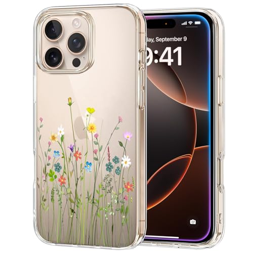 Unov Hülle Kompatibel mit iPhone 16 Pro Hülle klar Transparent Schlanke Schutzhülle Weich TPU Stoßstange Geprägtes das Muster Stoßdämpfung 6.3 Zoll (Blumen Blumenstrauß) von Unov
