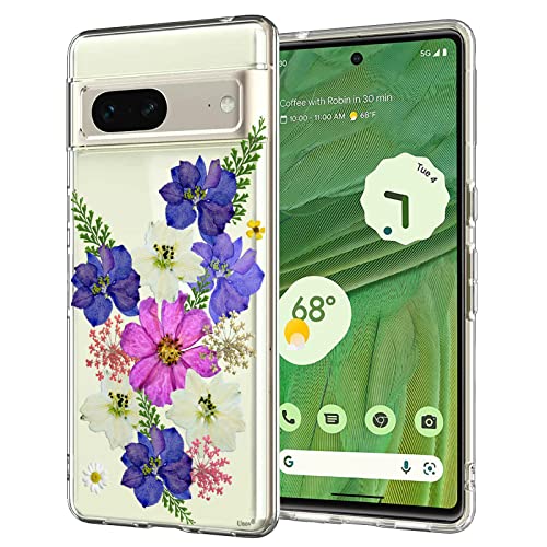 Unov Hülle Kompatibel mit Pixel 7 Hülle klar Transparent Schlanke Schutzhülle Weich TPU Stoßstange Geprägtes das Blumen Muster Stoßdämpfung 6.3 Zoll (Very Peri Blumenstrauß) von Unov
