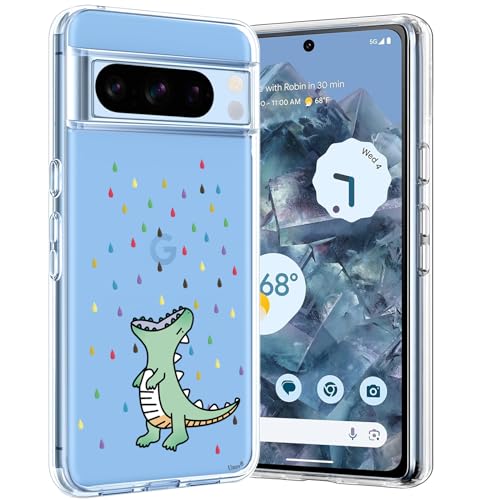 Unov Hülle Kompatibel mit Pixel 8 Pro Hülle Klar mit Muster Slim Schutzhülle Weiche TPU Bumper Geprägtes Blumendesign (Regenbogen Dinosaurier) von Unov