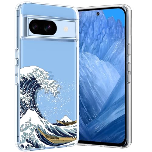 Unov Hülle Kompatibel mit Pixel 8a Hülle klar Transparent Schlanke Schutzhülle Weich TPU Stoßstange Geprägtes das Muster Stoßdämpfung (Große Welle) von Unov