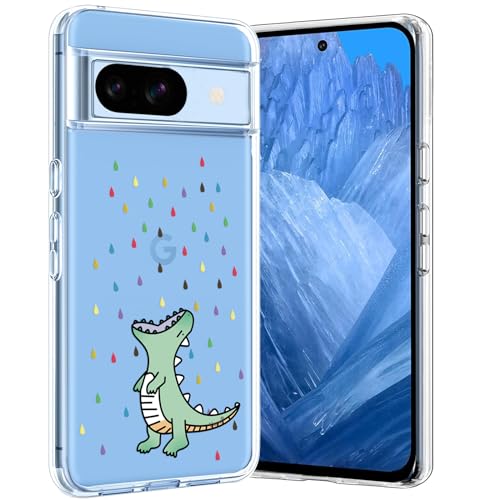 Unov Hülle Kompatibel mit Pixel 8a Hülle klar Transparent Schlanke Schutzhülle Weich TPU Stoßstange Geprägtes das Muster Stoßdämpfung (Regenbogen Dinosaurier) von Unov